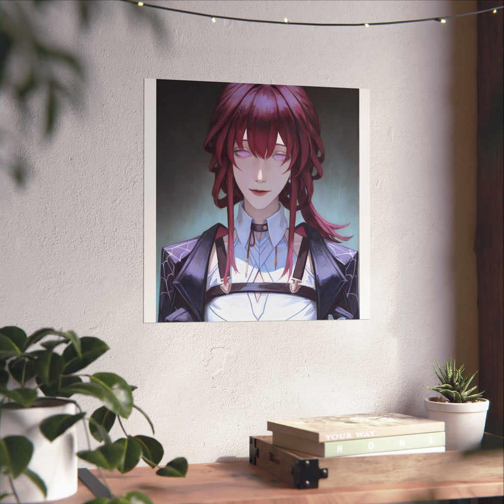 Anime Portrait Poster — Moody Red‑Haired Character Matte Vertical Art Print