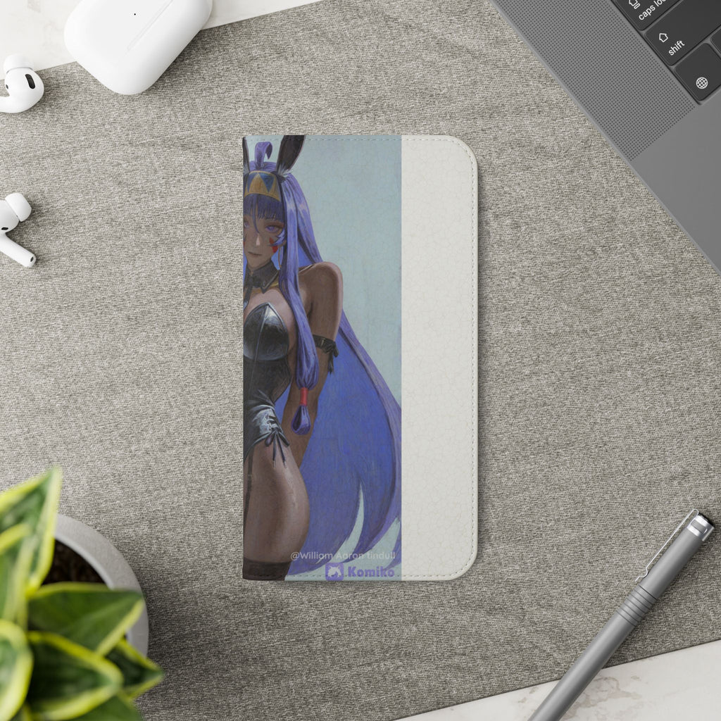 Anime Bunny Girl Flip Case - Purple Long-Haired Character Phone Wallet