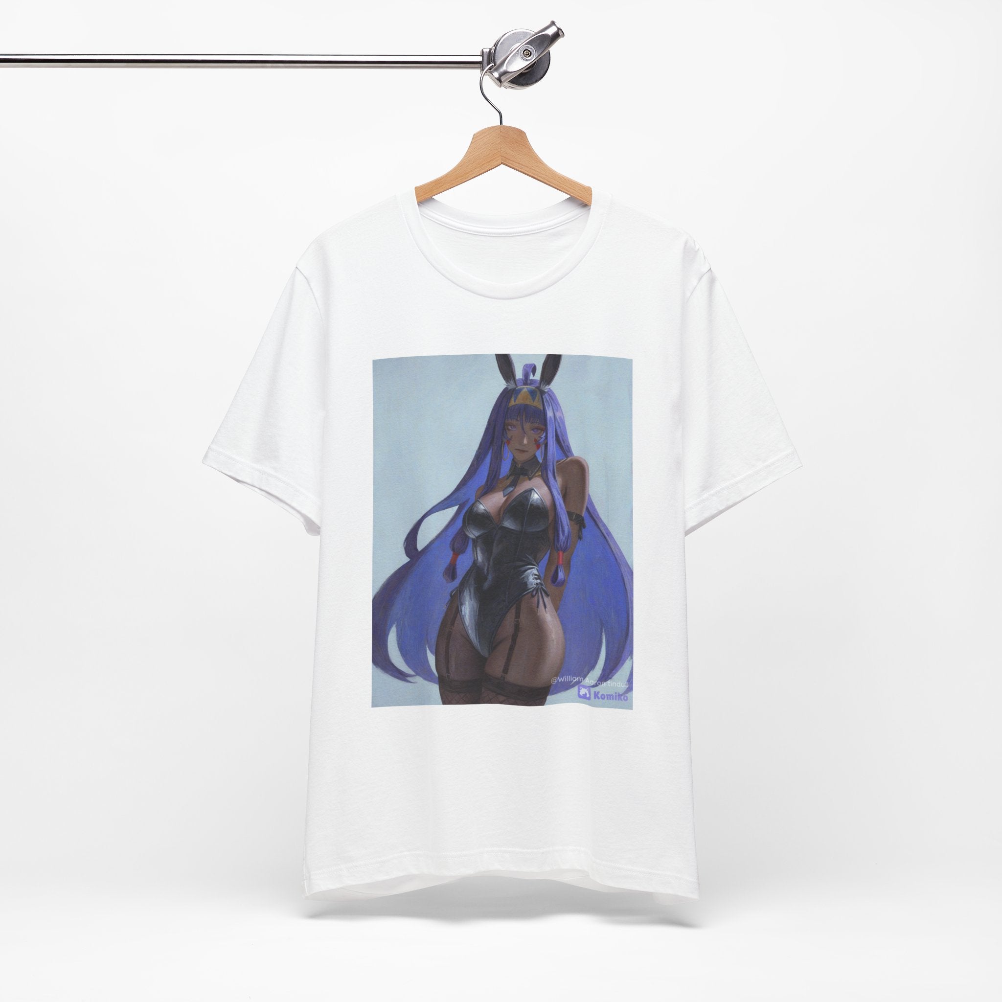 Anime Bunny Girl Graphic Tee — Purple Long-Hair Pinup Illustration