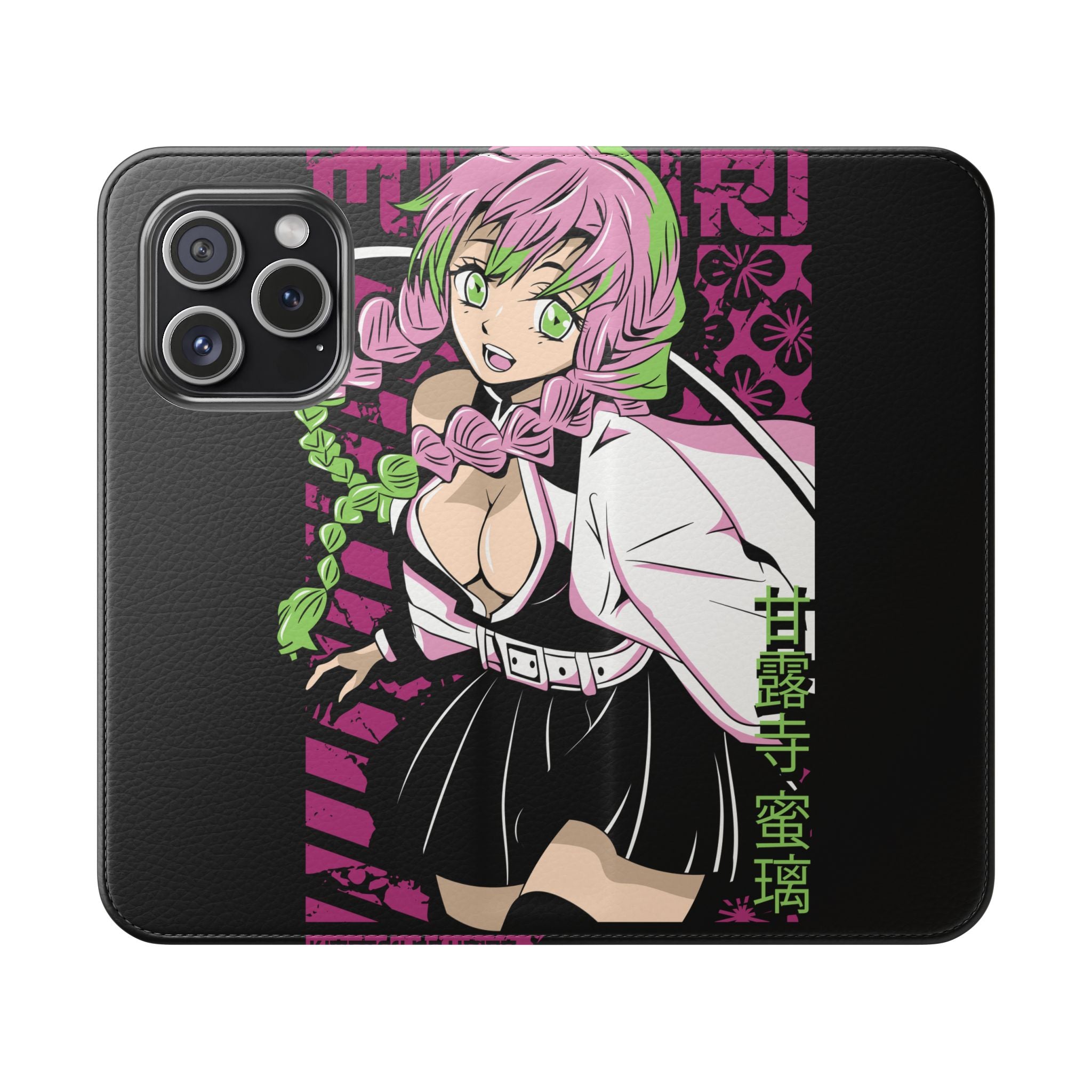 Anime Girl Flip Phone Case — Pink Demon Slayer Style Wallet Cover