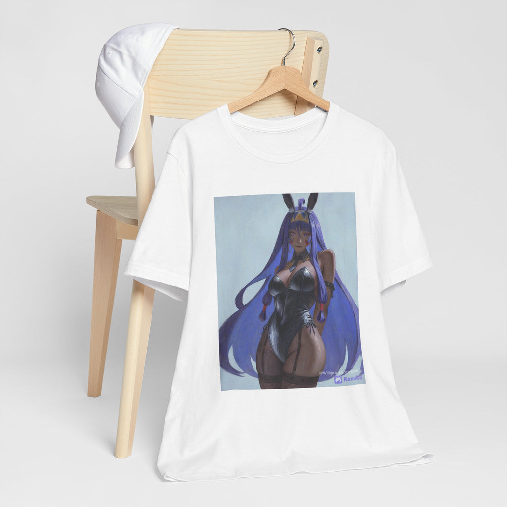 Anime Bunny Girl Graphic Tee — Purple Long-Hair Pinup Illustration