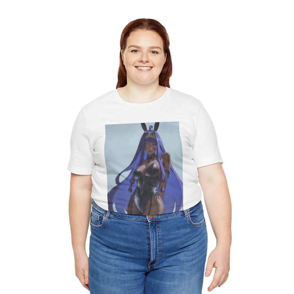 Anime Bunny Girl Graphic Tee — Purple Long-Hair Pinup Illustration