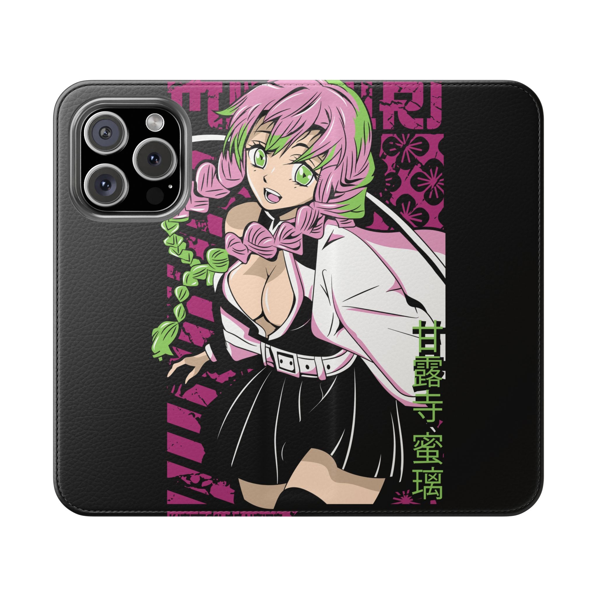 Anime Girl Flip Phone Case — Pink Demon Slayer Style Wallet Cover