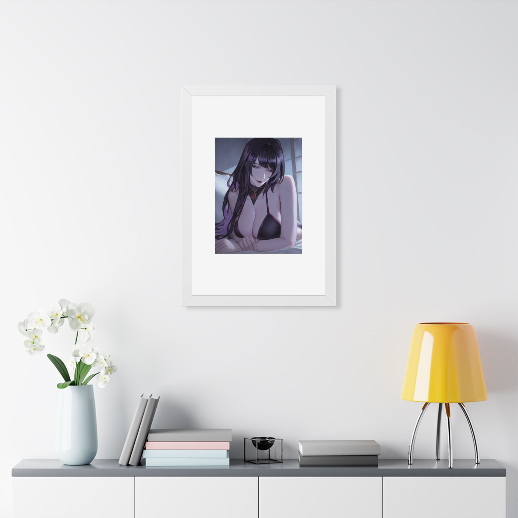 Anime Art Poster — Sultry Dark-Haired Girl Framed Vertical Print