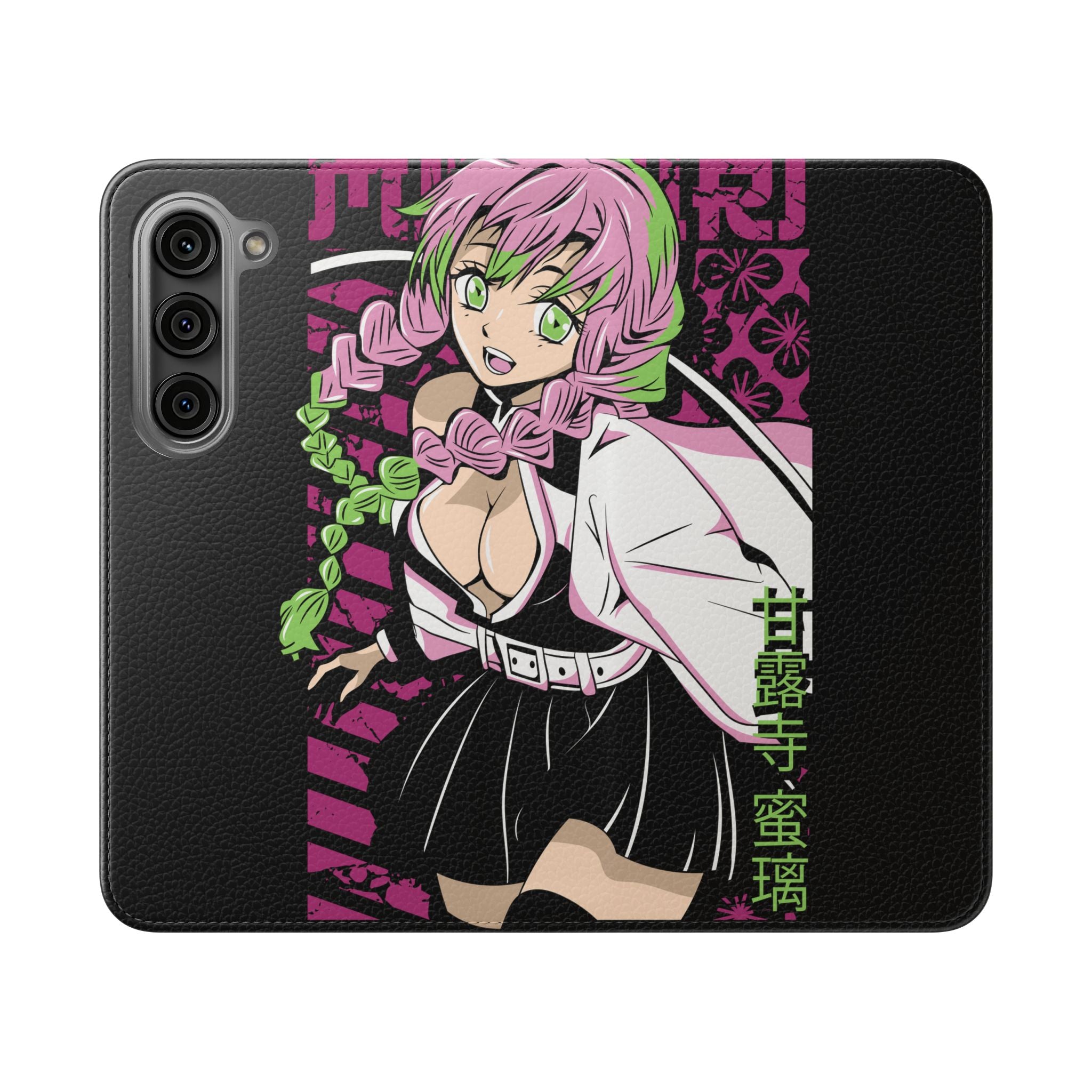 Anime Girl Flip Phone Case — Pink Demon Slayer Style Wallet Cover