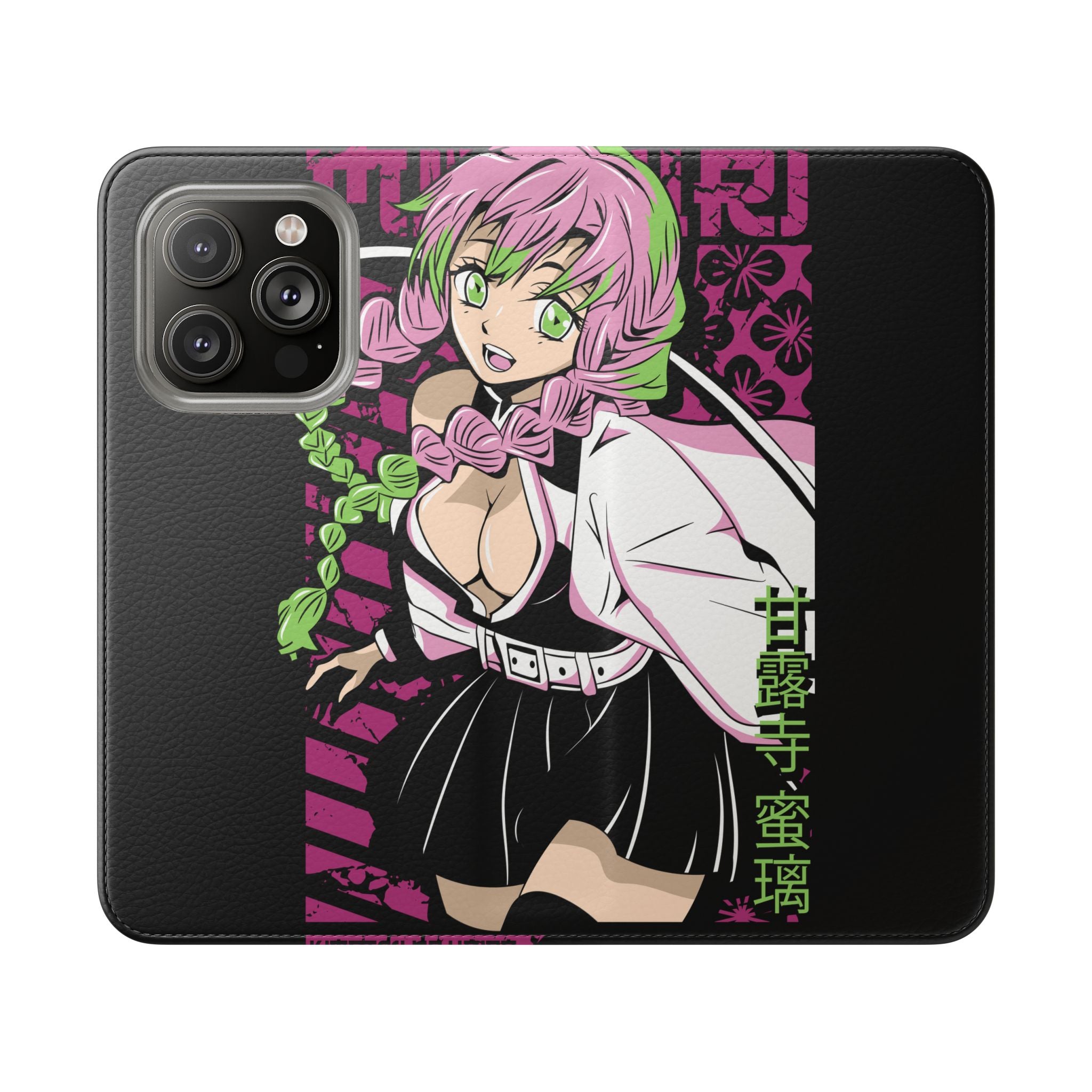 Anime Girl Flip Phone Case — Pink Demon Slayer Style Wallet Cover