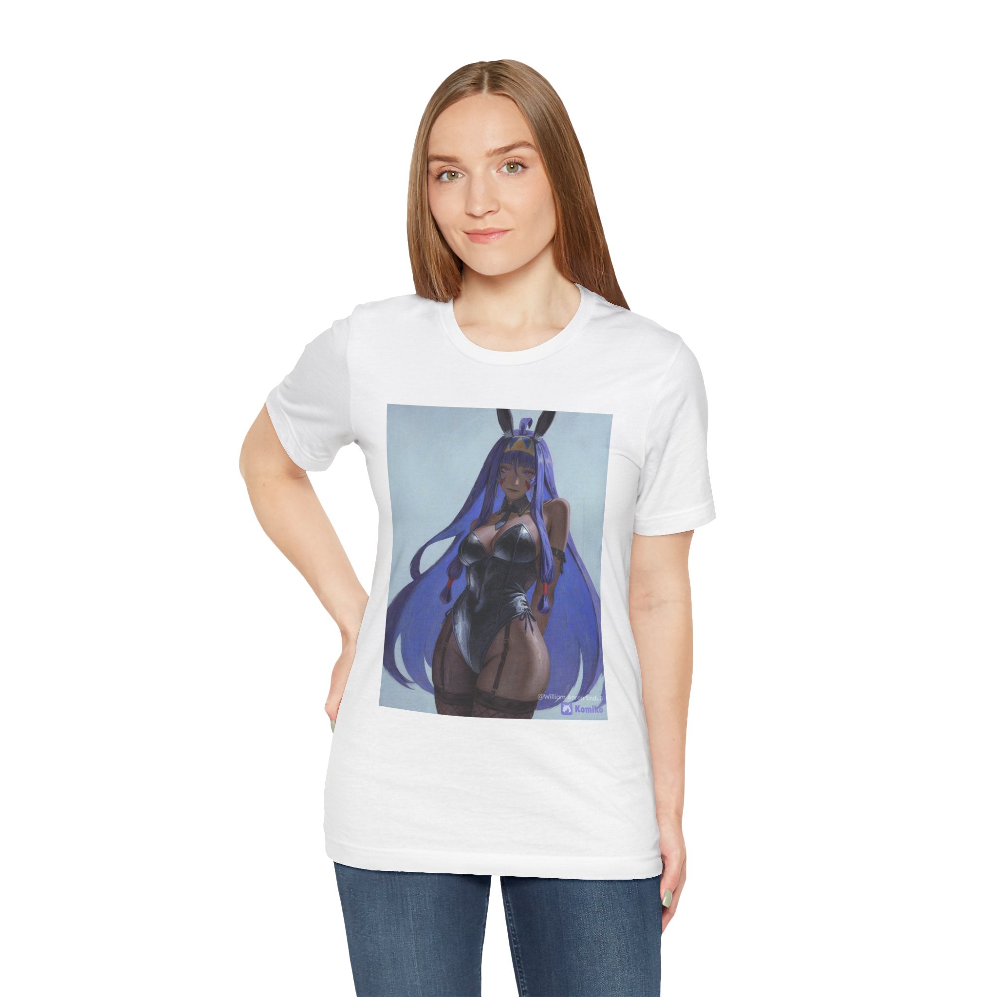 Anime Bunny Girl Graphic Tee — Purple Long-Hair Pinup Illustration