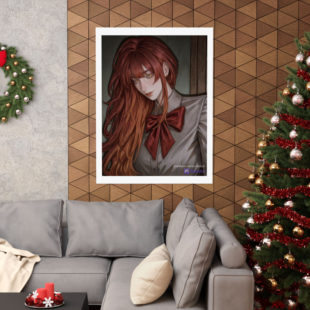 Matte Vertical Poster — Red‑Haired Anime Girl Portrait