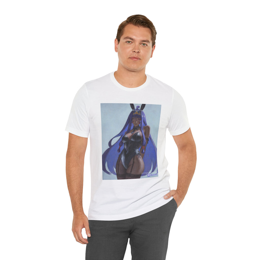 Anime Bunny Girl Graphic Tee — Purple Long-Hair Pinup Illustration