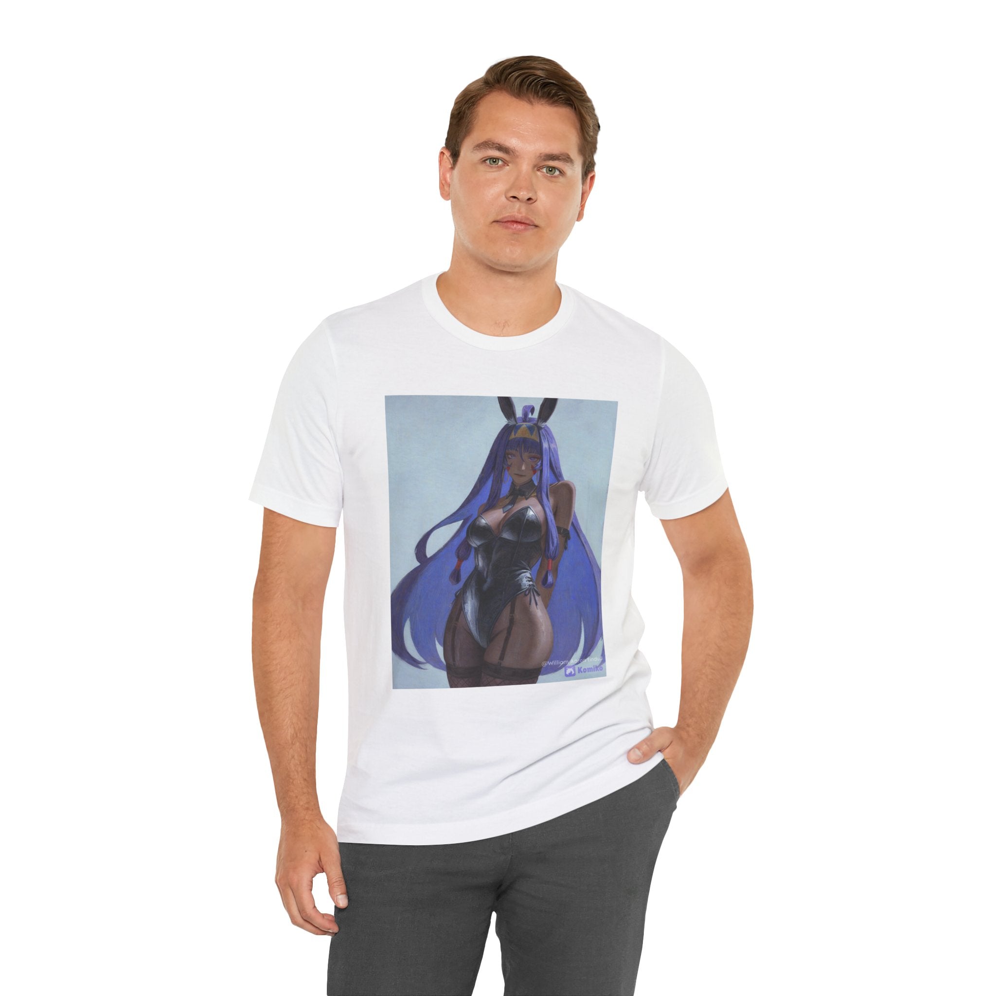 Anime Bunny Girl Graphic Tee — Purple Long-Hair Pinup Illustration