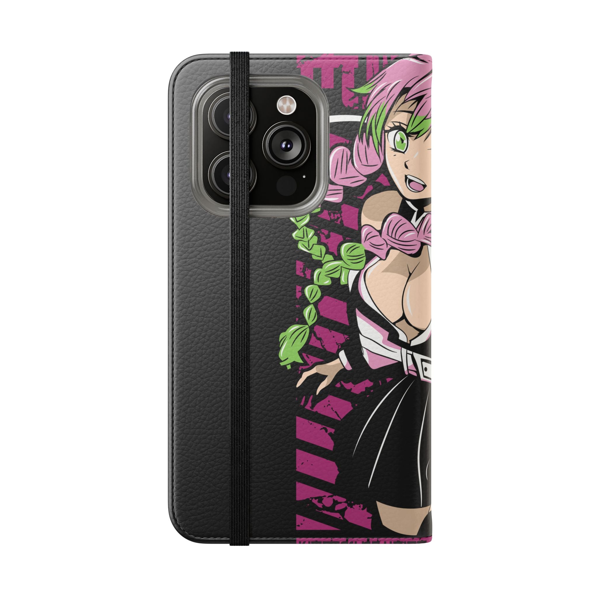 Anime Girl Flip Phone Case — Pink Demon Slayer Style Wallet Cover