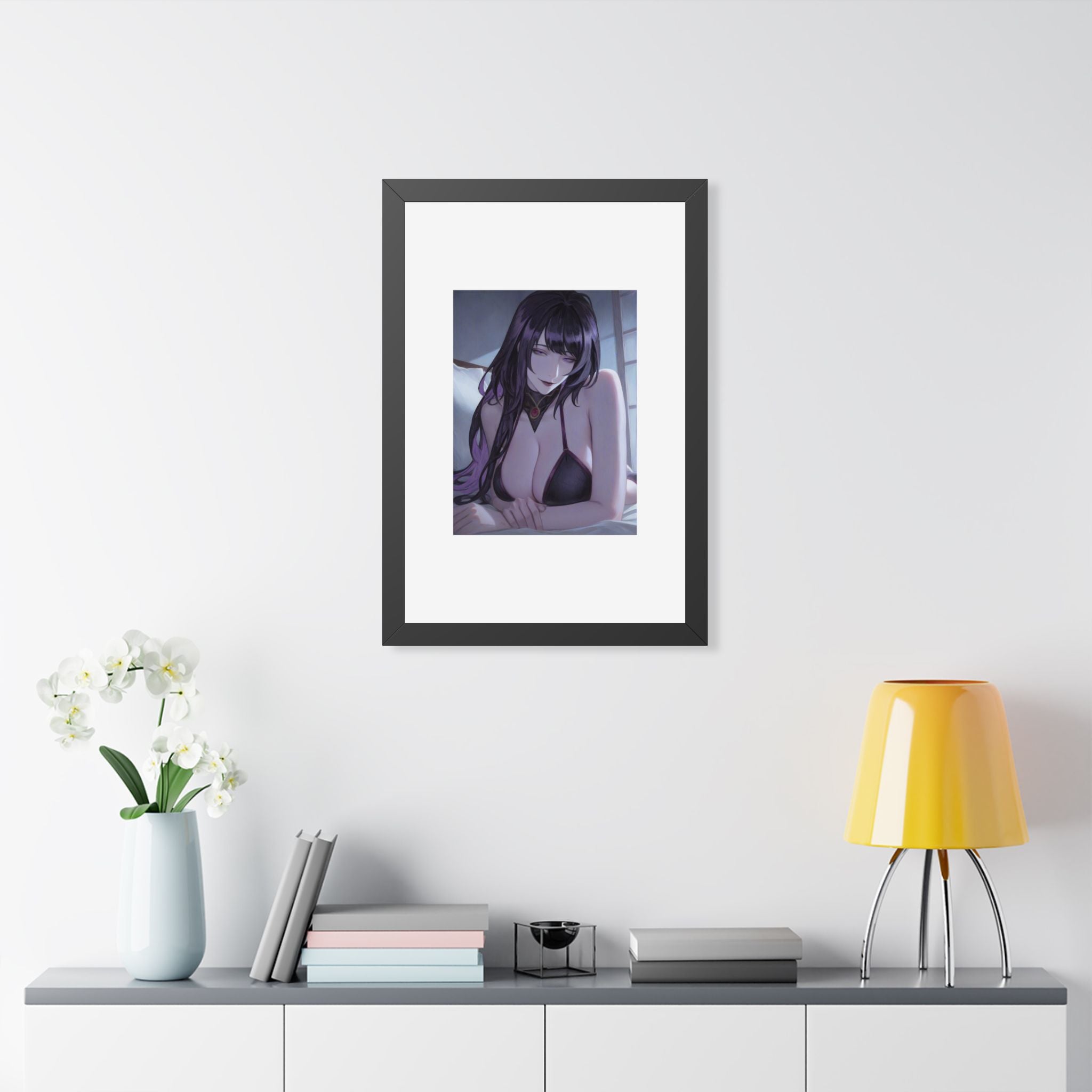 Anime Art Poster — Sultry Dark-Haired Girl Framed Vertical Print
