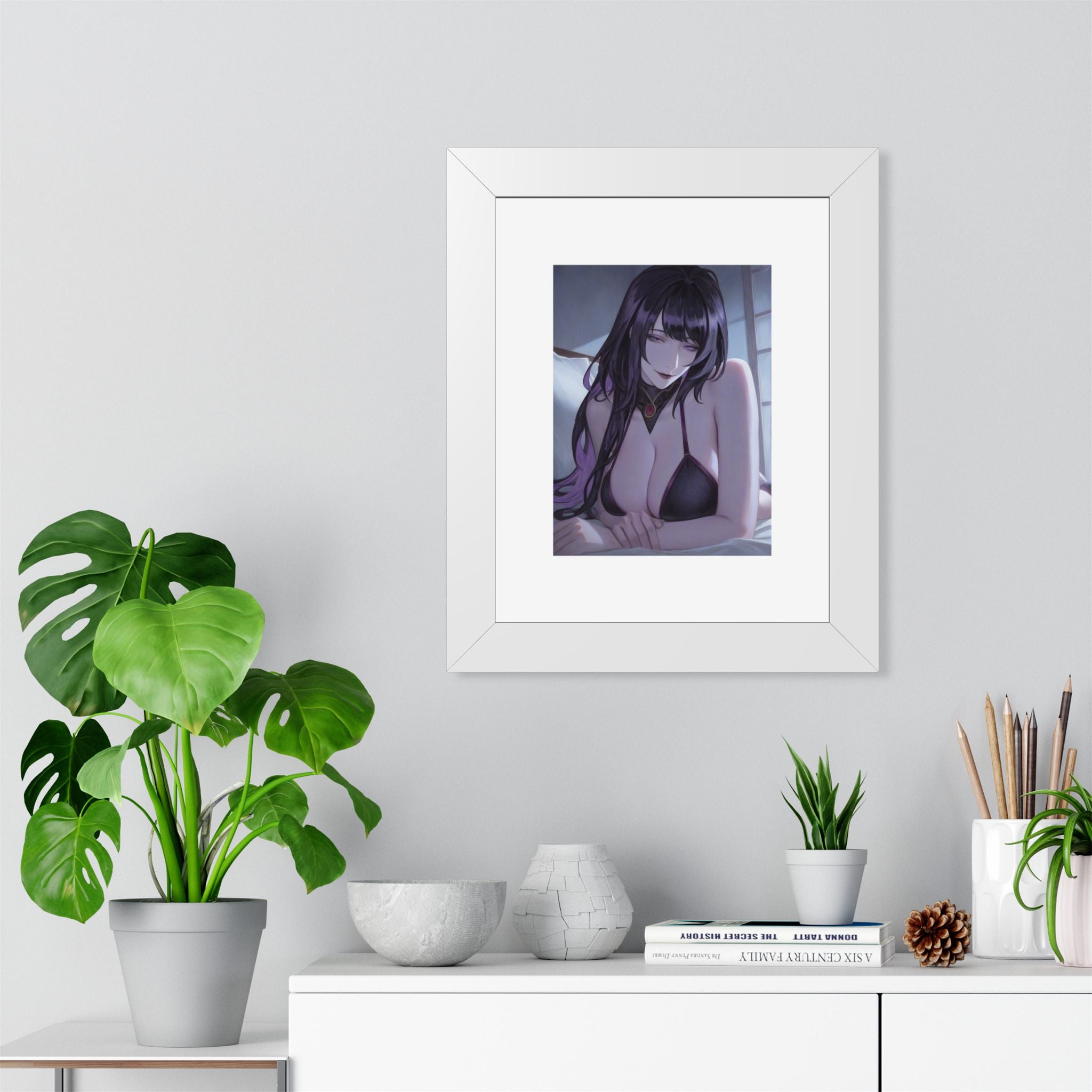 Anime Art Poster — Sultry Dark-Haired Girl Framed Vertical Print