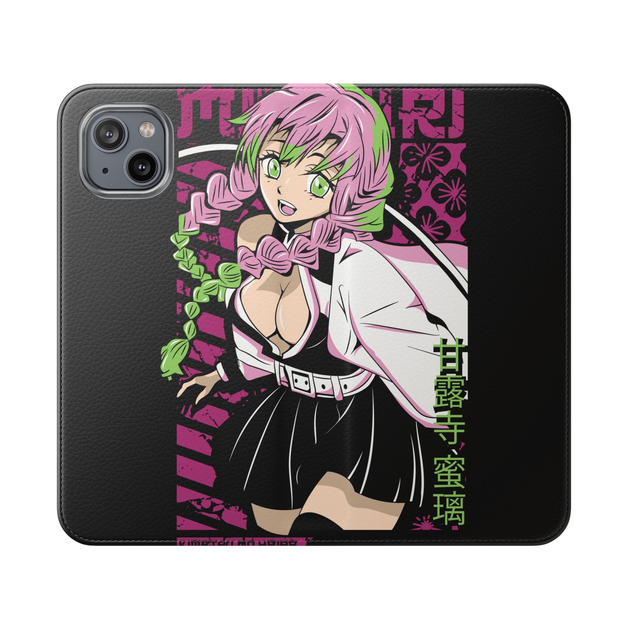 Anime Girl Flip Phone Case — Pink Demon Slayer Style Wallet Cover