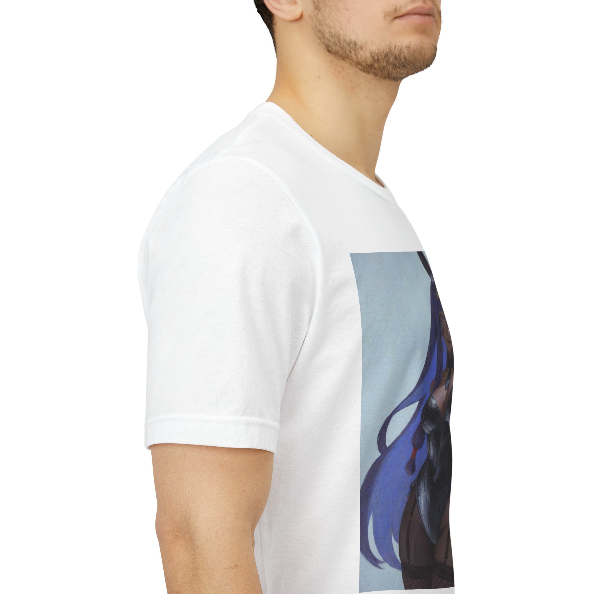 Anime Bunny Girl Graphic Tee — Purple Long-Hair Pinup Illustration