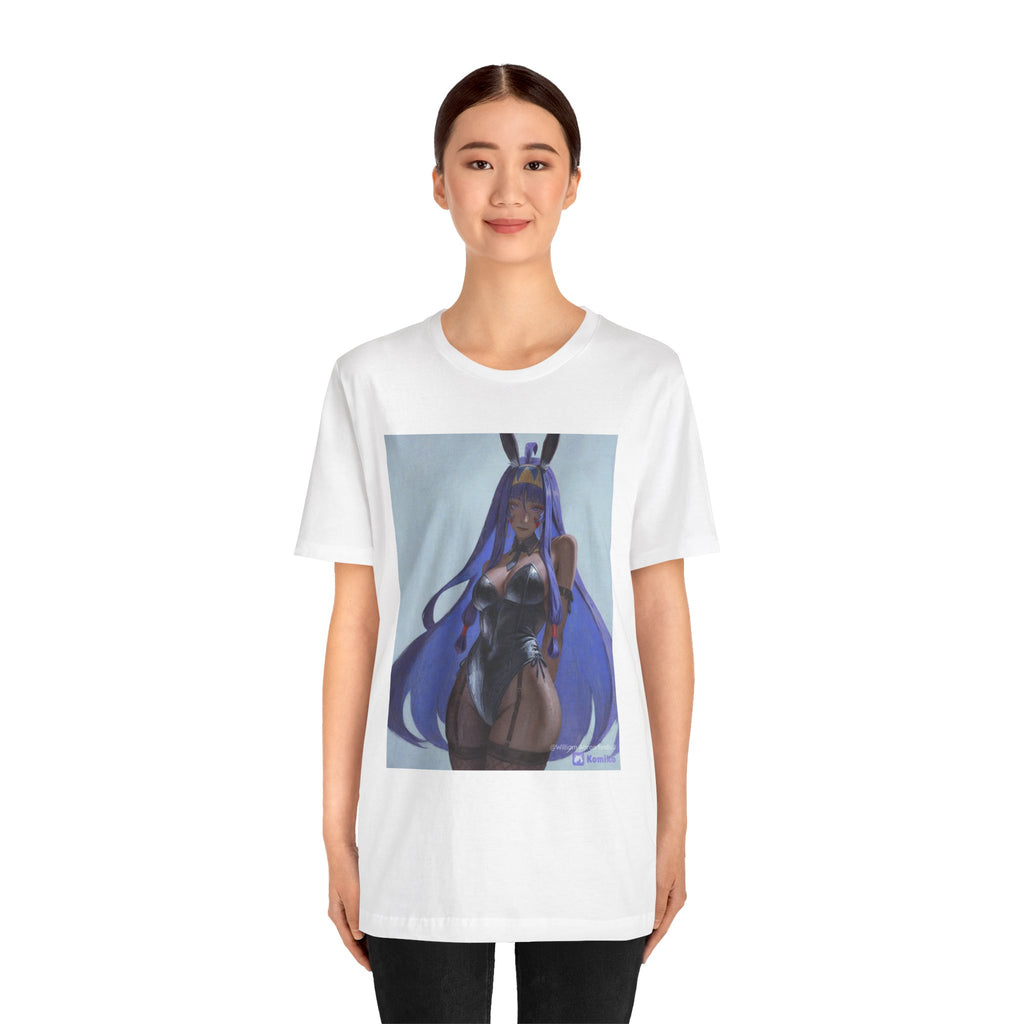 Anime Bunny Girl Graphic Tee — Purple Long-Hair Pinup Illustration