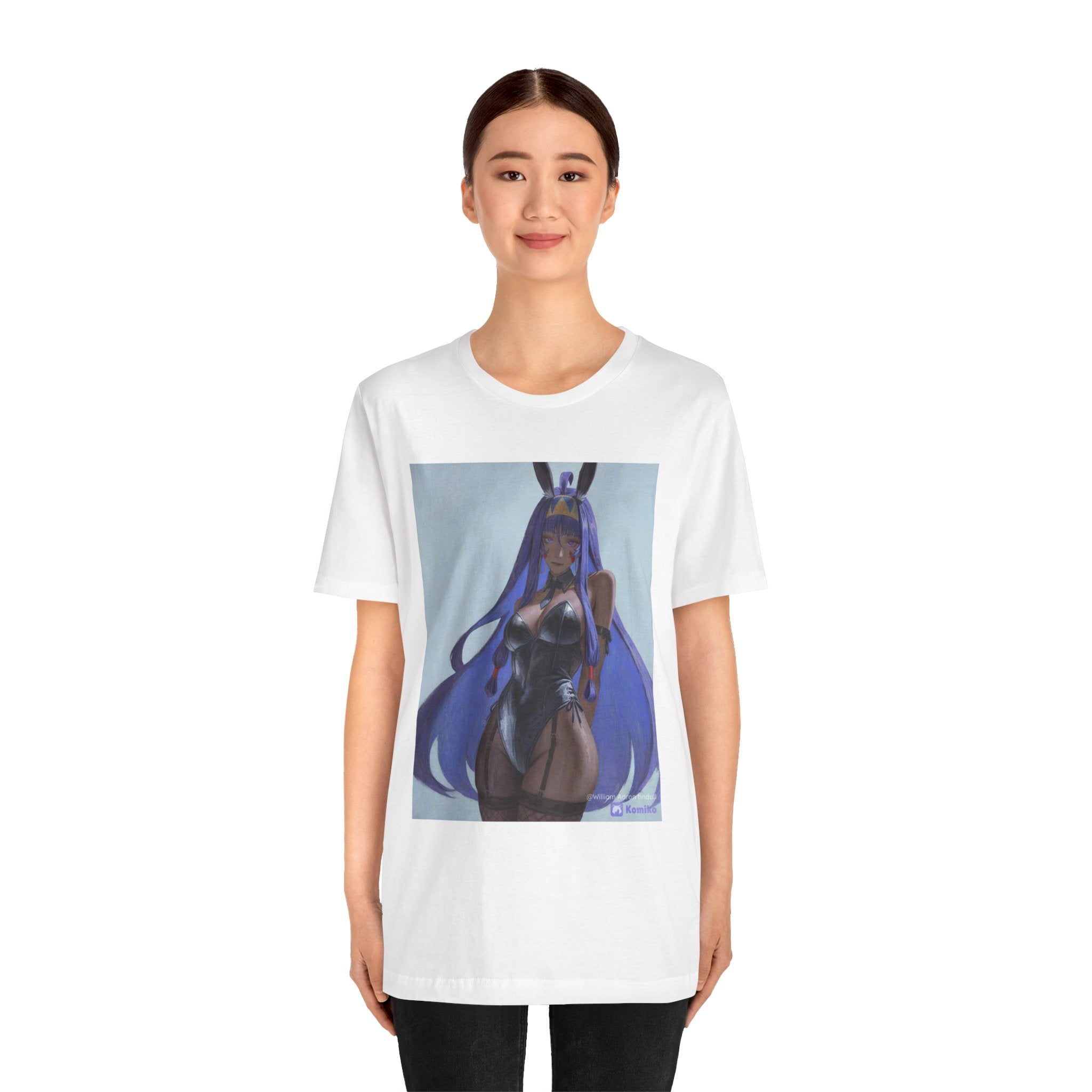 Anime Bunny Girl Graphic Tee — Purple Long-Hair Pinup Illustration