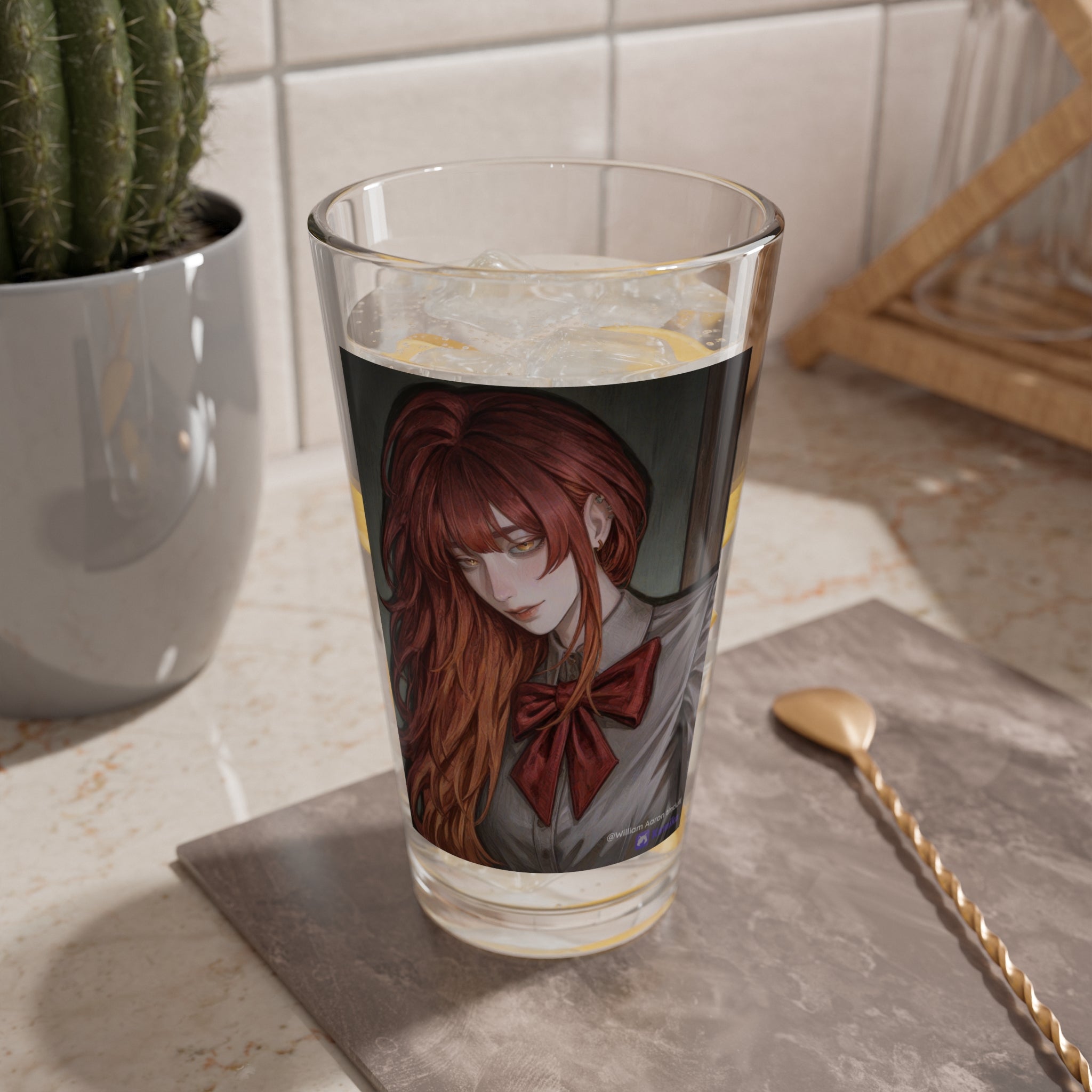 16oz Mixing Glass with Gothic Redhead Anime Girl Design