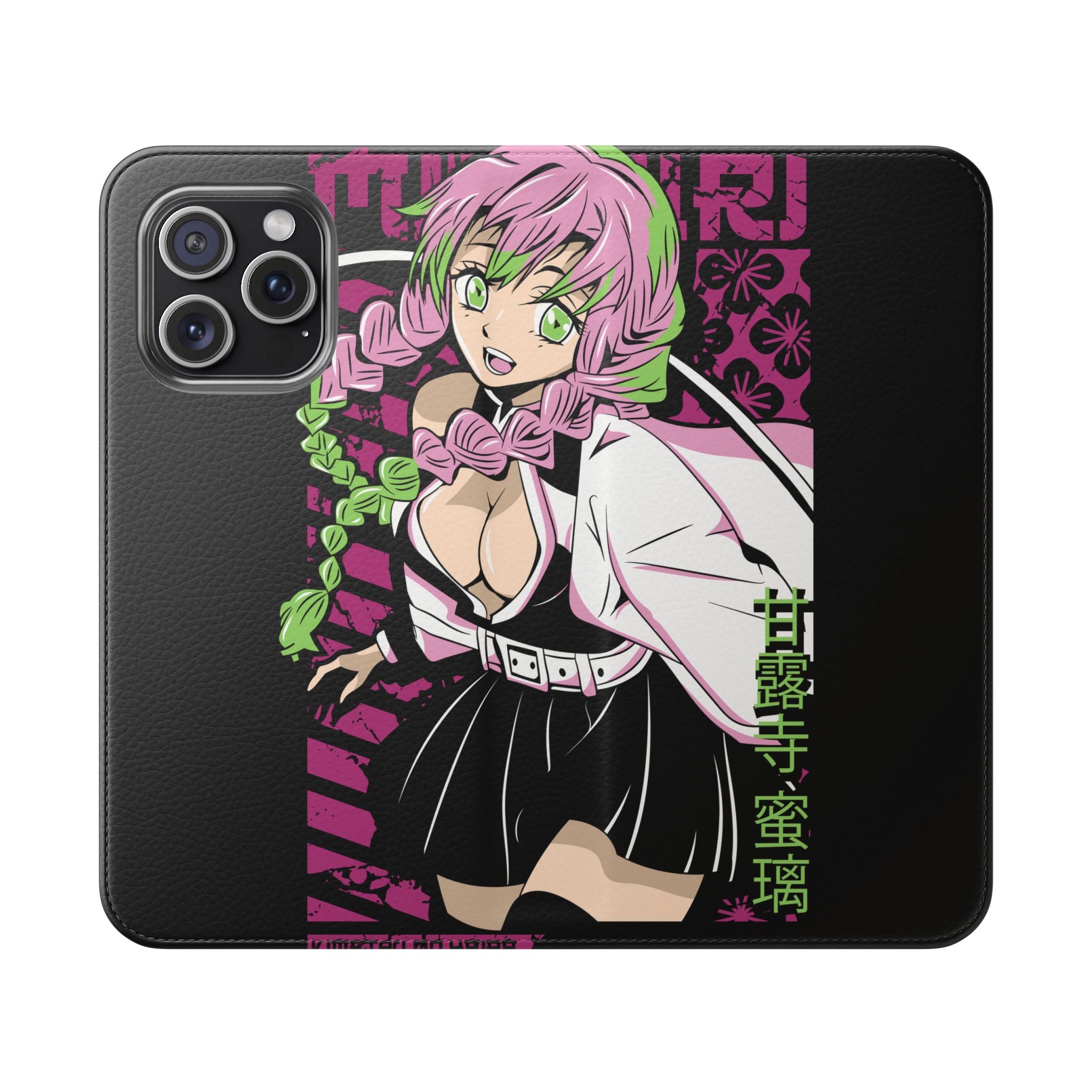 Anime Girl Flip Phone Case — Pink Demon Slayer Style Wallet Cover