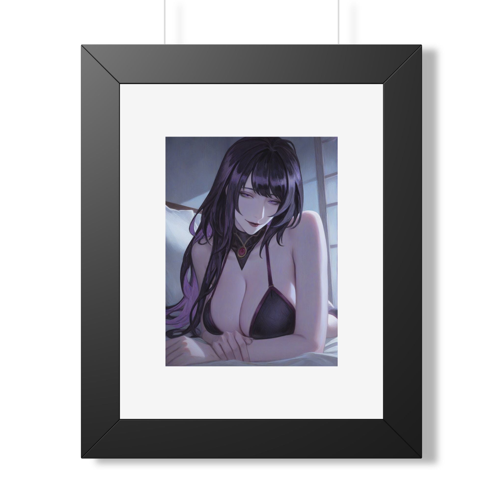 Anime Art Poster — Sultry Dark-Haired Girl Framed Vertical Print