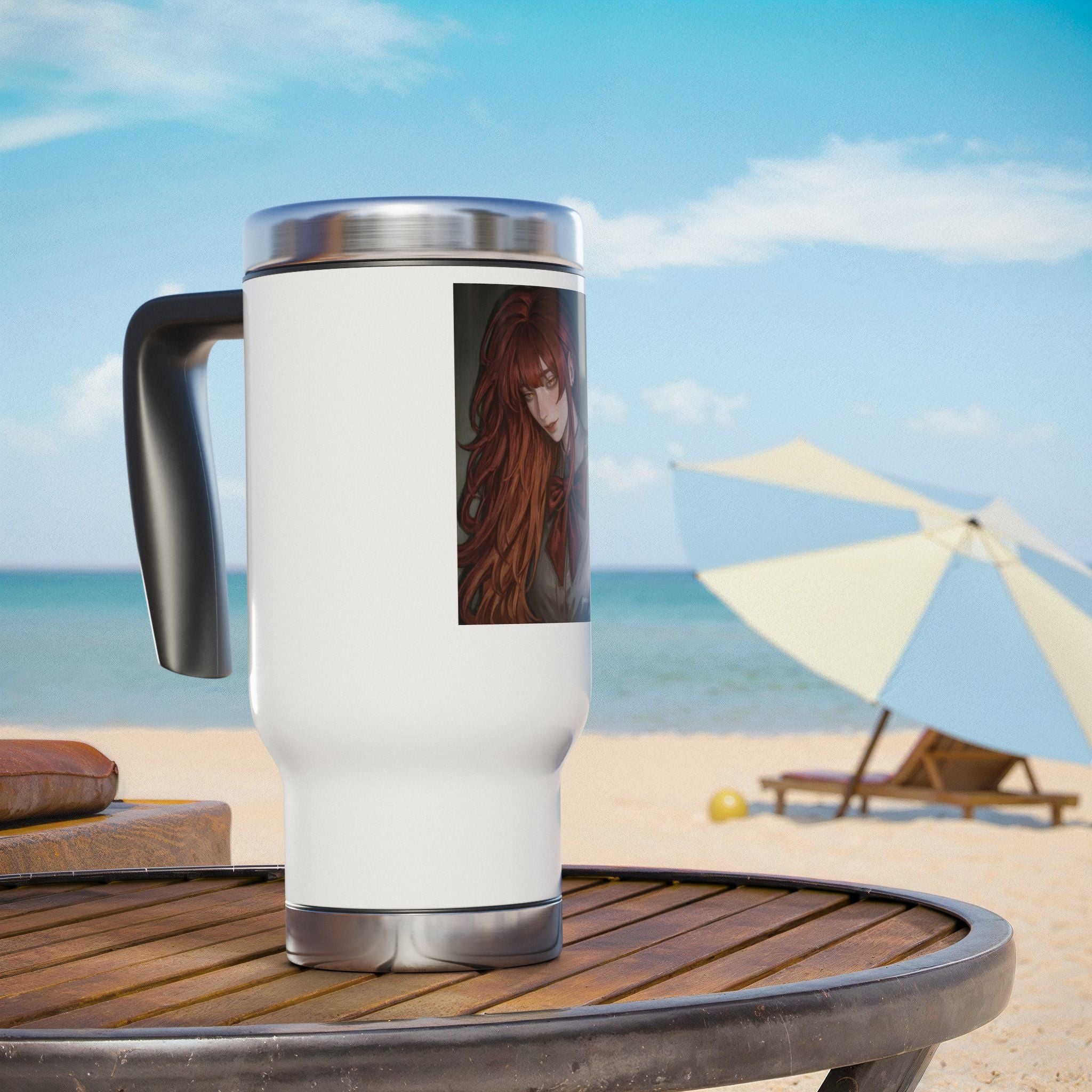 Redheaded Anime Girl Travel Mug — 14oz Stainless Steel Tumbler with Handle