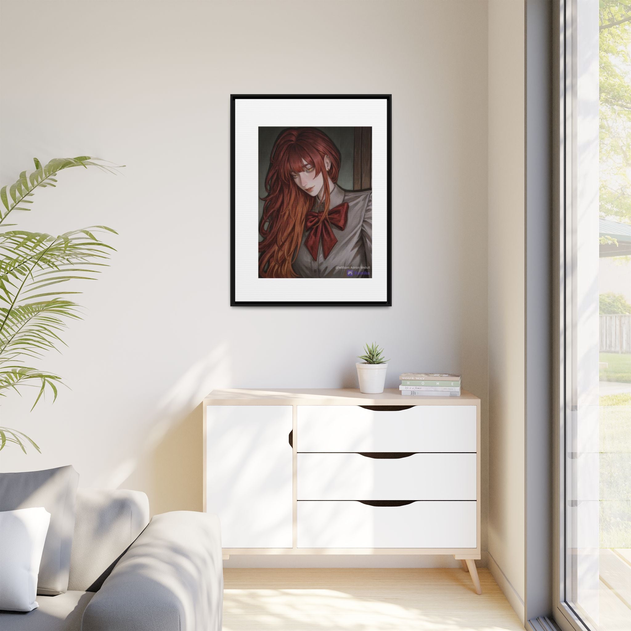 Framed Matte Canvas Print — Moody Red-Headed Anime Girl Art