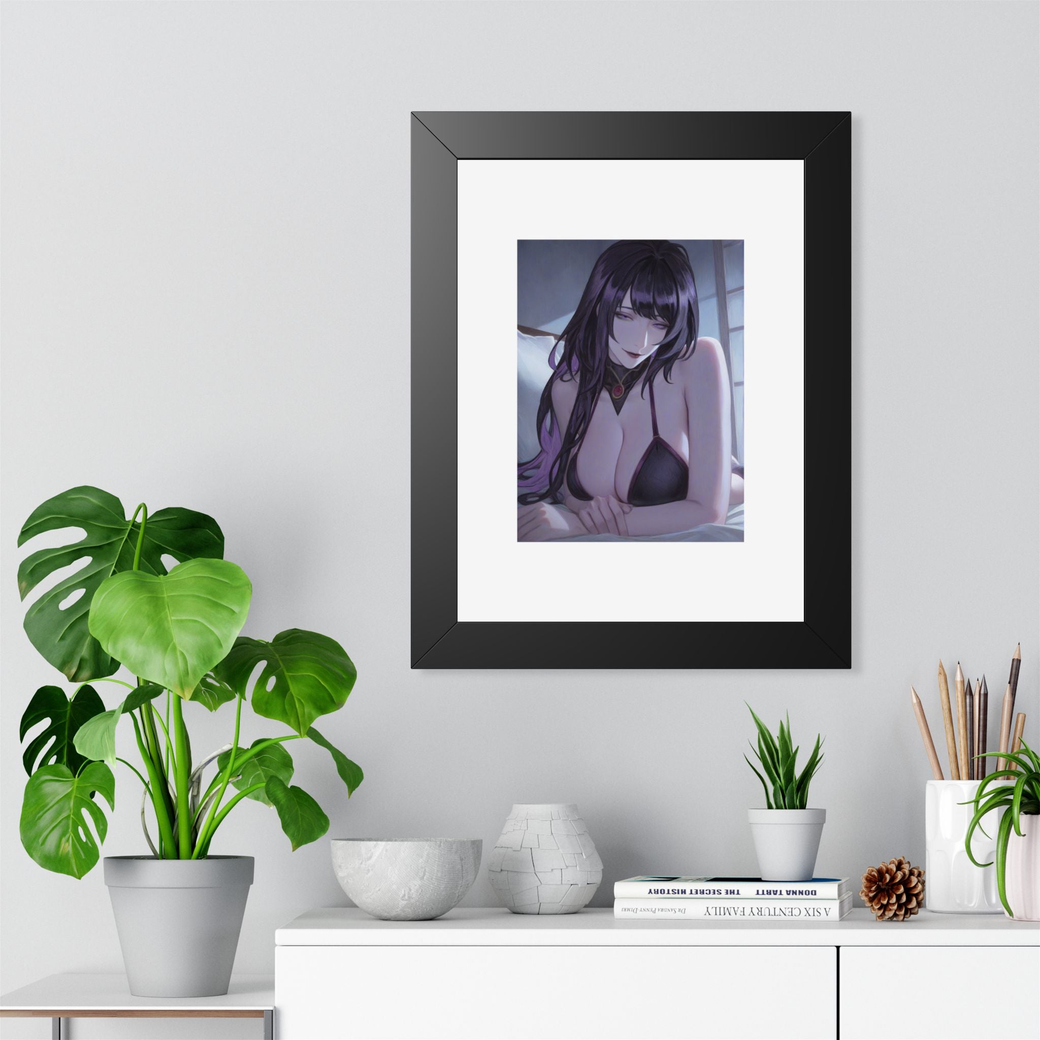Anime Art Poster — Sultry Dark-Haired Girl Framed Vertical Print