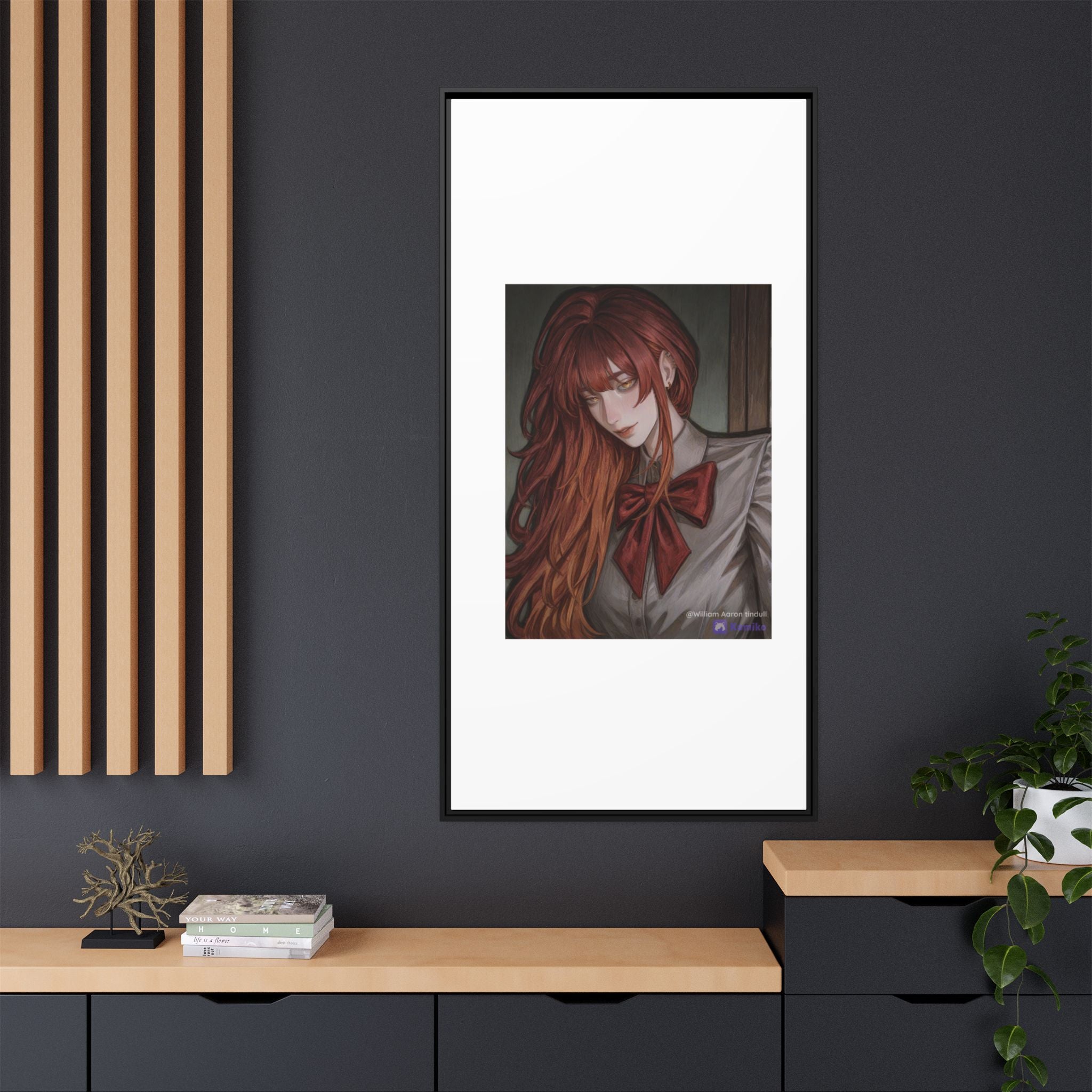 Framed Matte Canvas Print — Moody Red-Headed Anime Girl Art