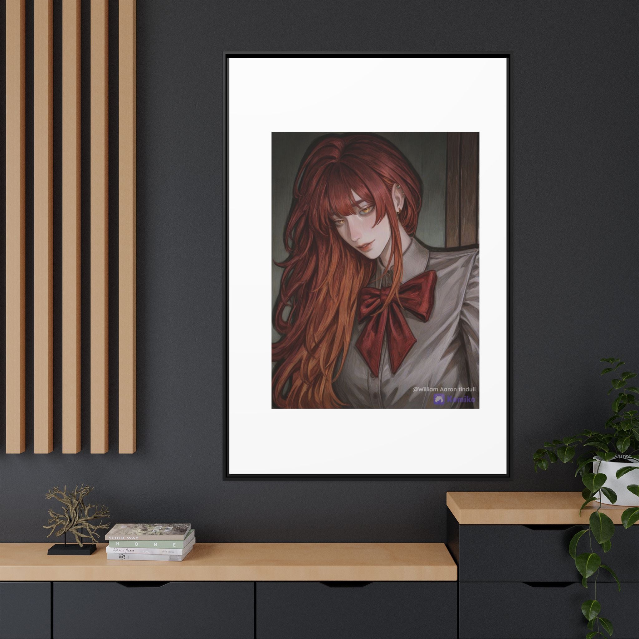 Framed Matte Canvas Print — Moody Red-Headed Anime Girl Art