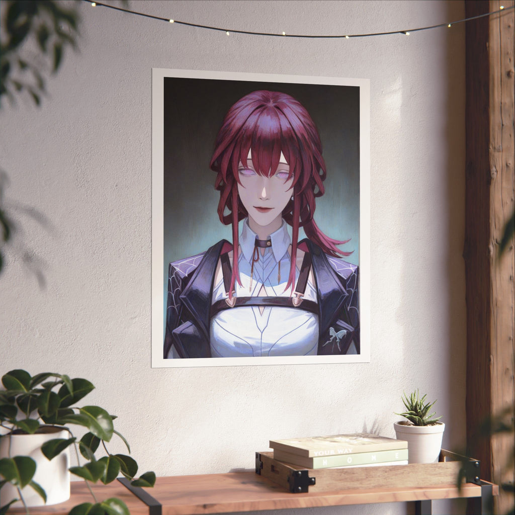 Anime Portrait Poster — Moody Red‑Haired Character Matte Vertical Art Print