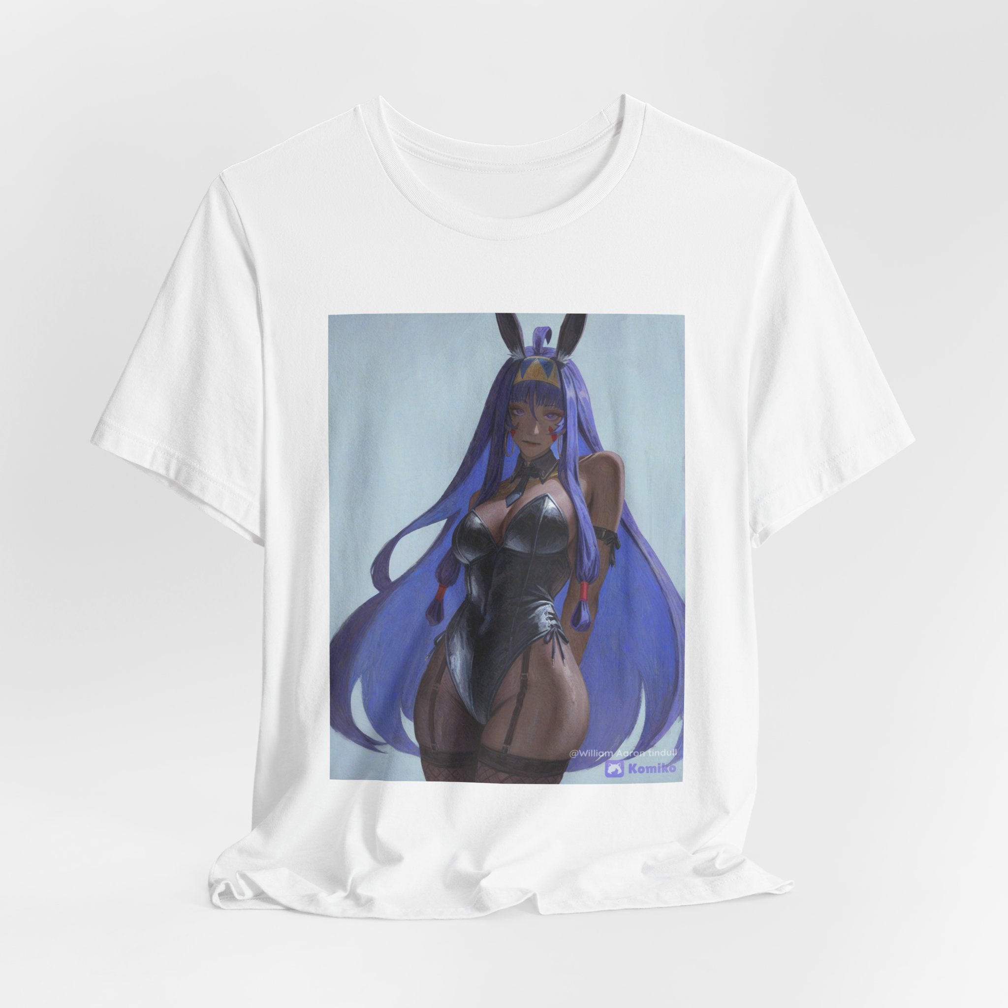 Anime Bunny Girl Graphic Tee — Purple Long-Hair Pinup Illustration