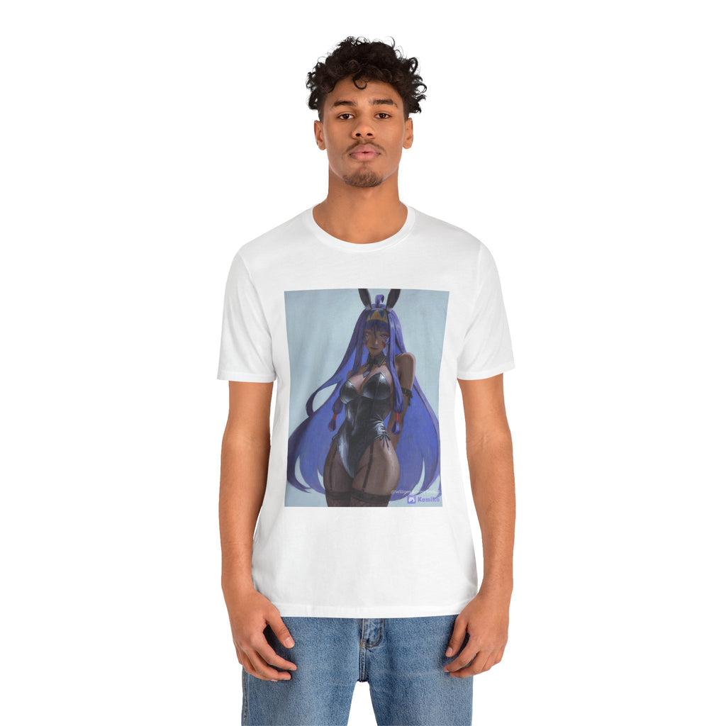Anime Bunny Girl Graphic Tee — Purple Long-Hair Pinup Illustration