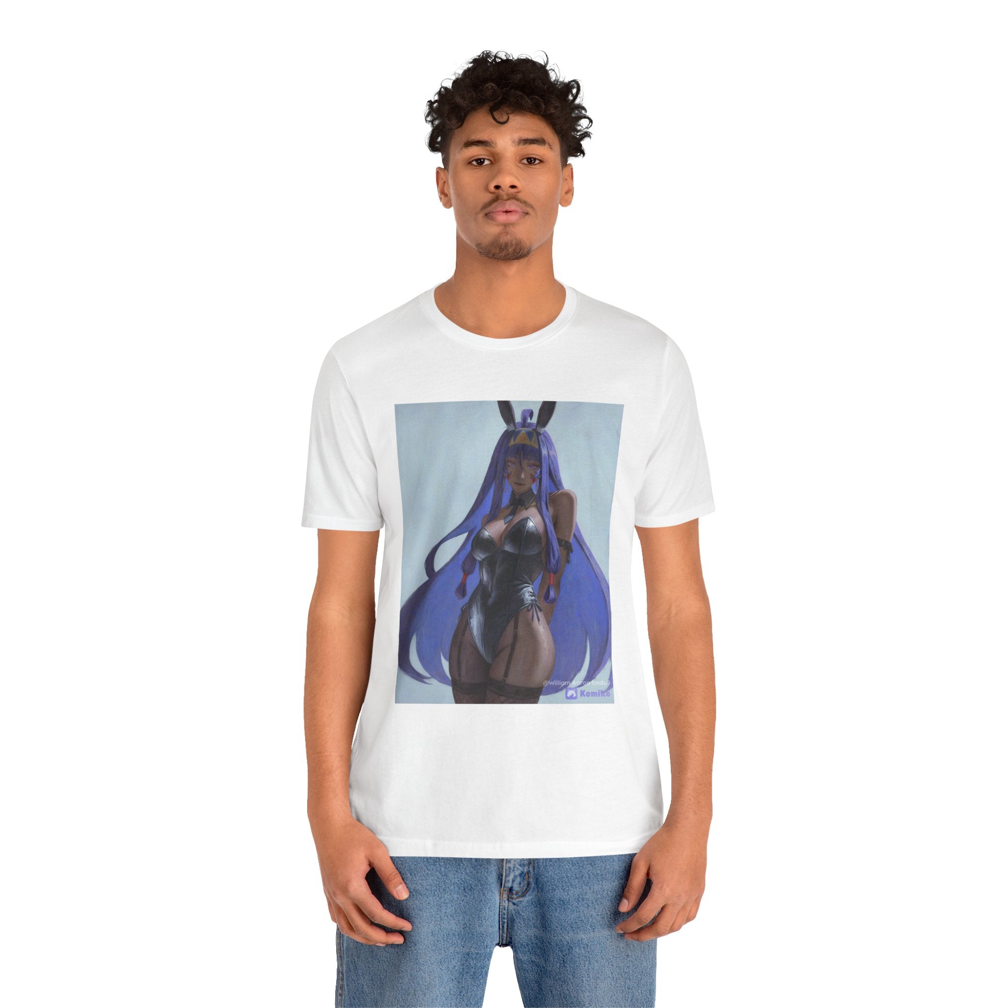 Anime Bunny Girl Graphic Tee — Purple Long-Hair Pinup Illustration