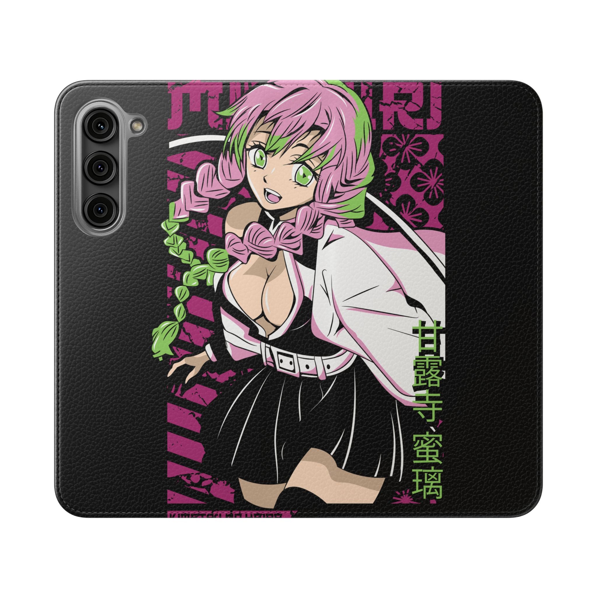 Anime Girl Flip Phone Case — Pink Demon Slayer Style Wallet Cover