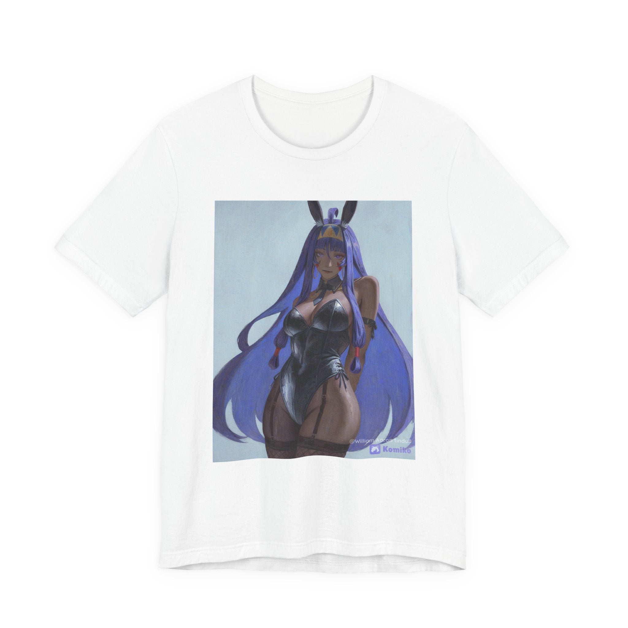 Anime Bunny Girl Graphic Tee — Purple Long-Hair Pinup Illustration